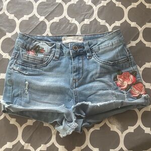 Angel Kiss Light Blue Denim Shorts with Pink Floral Embroidery